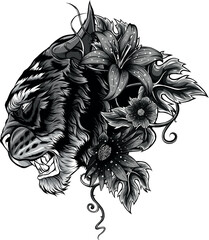 Sticker - monochromatic illustration of tiger head in flower