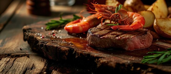 Aufkleber - Delicious Steak Oscar with jumbo prawns served with roasted potatoes. with copy space image. Place for adding text or design
