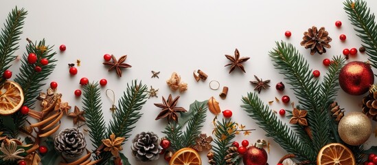 christmas decoration with holly ivy mistletoe gold pine cones acorns and cedar cypress on white back