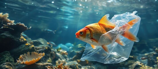 Aufkleber - A fish with a plastic bag Pollution in oceans concept. with copy space image. Place for adding text or design