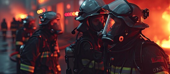 Poster - firefighter training new fireman team Fire fighter learning stop fire burn under emergency case at fire station rescue service of Emergency Care System of Insurance team. with copy space image