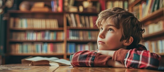 Aufkleber - Bored schoolboy of primary school lying on table in library or classroom during uninterested lesson looking away and thinking panorama free space. with copy space image