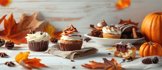 Aufkleber - Autumn desserts side border Table scene with an assortment of traditional fall sweet treats Above view over a white wood background Copy space. with copy space image. Place for adding text or design