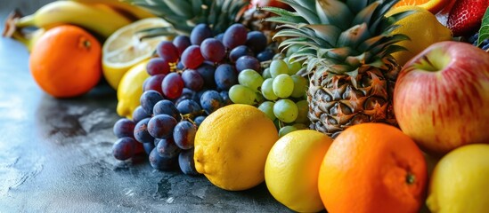 Poster - fresh tropical fruits close up pineapple tangerines oranges lemons grapes apples bananas. with copy space image. Place for adding text or design