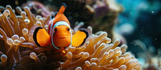 Poster - A clown fish swimming in the safety of it s anemone home in Mozambique. with copy space image. Place for adding text or design