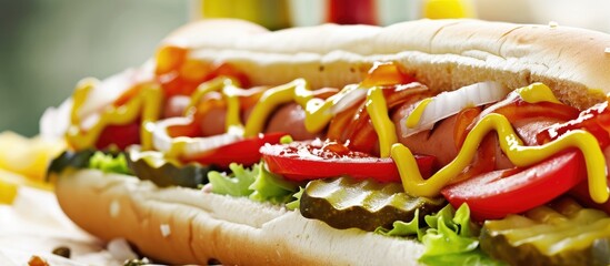 Poster - Chicago Style Hot Dog with Mustard Pickle Tomato Relish and Onion. with copy space image. Place for adding text or design