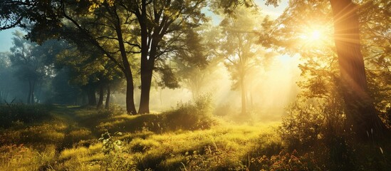 Poster - Beautiful autumn morning in the mountain hill spruce forest Vivid morning in colorful woodland. with copy space image. Place for adding text or design