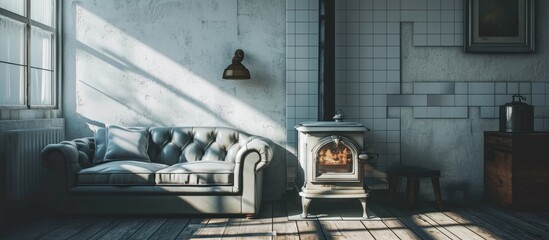Poster - Gray and white living room with vintage tiled stove. with copy space image. Place for adding text or design