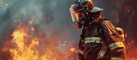 Poster - Amidst the billowing smoke the professional firefighter stands with unwavering resolve firmly gripping the fire hose ready to battle the raging inferno. with copy space image
