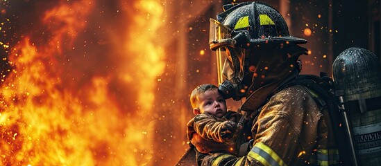 Poster - Firefighter hero carrying baby girl out from burning building area from fire incident Rescue people from dangerous place. with copy space image. Place for adding text or design