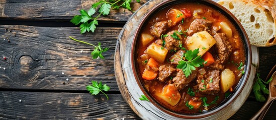 Aufkleber - Beef stew served with crusty bread in a bowl. with copy space image. Place for adding text or design