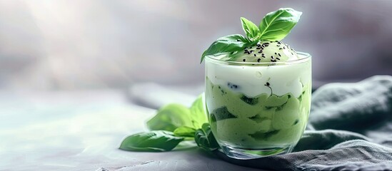 Poster - Avocado Milk Cheese Dessert is made from avocado jelly cheese basil seeds sweetened condensed milk and evaporated milk Served in a glass Space for text. with copy space image