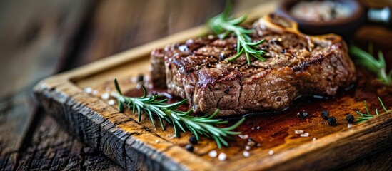 Aufkleber - Grilled ribeye beef steak served on wooden board with rosemary grilled garlic fork and knife on wooden table. with copy space image. Place for adding text or design