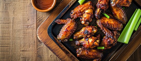 Poster - crispy barbecue chicken wings with celery on wooden serving tray. with copy space image. Place for adding text or design