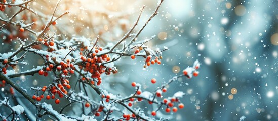 Poster - Frost covered rowan branch with red berries on a tree in winter during a snowfall. with copy space image. Place for adding text or design