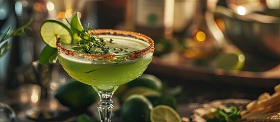 Poster - Cucumber margarita with lime and spicy rim refreshing spring cocktail. with copy space image. Place for adding text or design