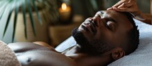 Black man spa and body massage for couple wellness relax therapy and skincare treatment Salon therapist touch muscle reflexology and healing of sleeping african guy on bed stress relief and zen