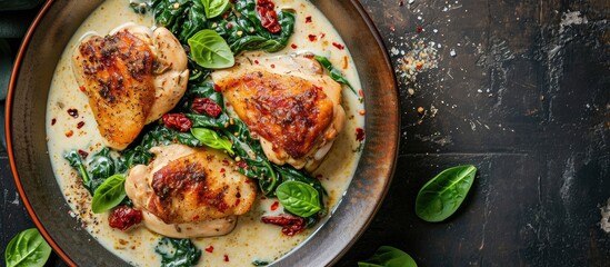 Wall Mural - Chicken fillet with spinach and sun dried tomatoes in coconut milk Healthy food. with copy space image. Place for adding text or design