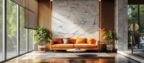 Poster - Fashionable living room with big window with wooden blinds marble wall wooden floor orange sofa and small coffee table. with copy space image. Place for adding text or design