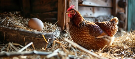 Poster - brown hen sitting in nest with egg hen and egg hen poultry hatching egg brood hen farming and chicken coop. with copy space image. Place for adding text or design
