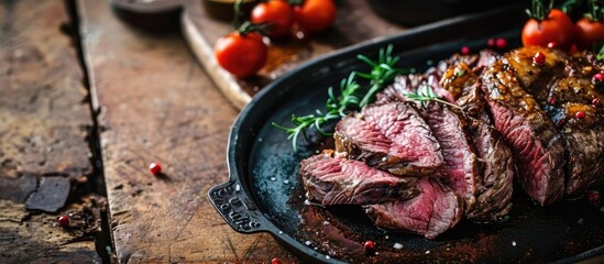 Aufkleber - Boneless beef roast on a serving platter sliced for a holiday dinner. with copy space image. Place for adding text or design