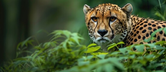 Poster - A cheetah standing alone in its natural habitat looking back green background copy space for text. with copy space image. Place for adding text or design