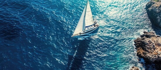 Aufkleber - Aerial drone ultra wide photo of beautiful sailboat cruising deep blue open ocean Mediterranean sea. with copy space image. Place for adding text or design