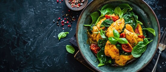 Aufkleber - Chicken fillet with spinach and sun dried tomatoes in coconut milk Healthy food. with copy space image. Place for adding text or design