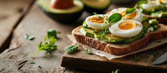 Aufkleber - a breakfast avocado sandwich with boiled egg. with copy space image. Place for adding text or design