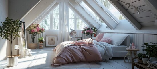 Poster - Bedroom with bed in cozy interior in white and pink color Scandinavian style in room in the attic with double bed. with copy space image. Place for adding text or design