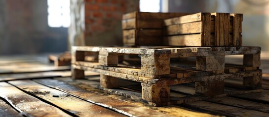 Poster - A metal weight for scales stands on a wooden pallet Sending heavy cargo by mail Courier cargo delivery Wooden construction pallet with heavy load on the ground. with copy space image