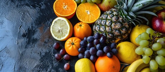 Poster - fresh tropical fruits close up pineapple tangerines oranges lemons grapes apples bananas. with copy space image. Place for adding text or design