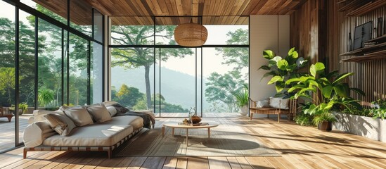 Poster - a living room with wood flooring and sliding glass doors leading to the patio area in front of the house. with copy space image. Place for adding text or design