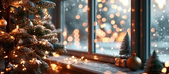 Poster - Cozy festive window of the house outside with the warm light of fairy lights garlands inside celebrate Christmas and New Year in a warm home Christmas tree bokeh snow on pine trees and snowfall