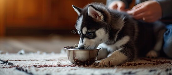 Poster - Cute little husky puppy at home waiting to eat his food in a bowl Owner feeding his cute dog at home Pets indoors. with copy space image. Place for adding text or design