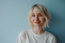 Smiling Girl With Short Blond Hair, Happy Confident Pretty Gen Z Blonde Young Woman Looking At Camera Standing Isolated On Light Blue Background. Generative AI