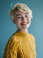 Sticker - Smiling girl with short blond hair, happy confident pretty gen z blonde young woman looking at camera standing isolated on light blue background. generative AI