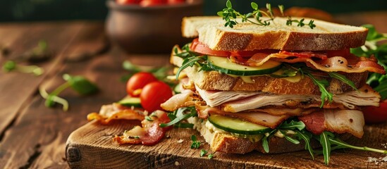 Aufkleber - Club sandwich with chicken breast bacon tomato cucumber and herbs. with copy space image. Place for adding text or design