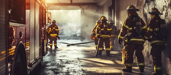 Poster - Group of firefighters with chainsaw and sledge hammer practicing in the garage of the fire department. with copy space image. Place for adding text or design
