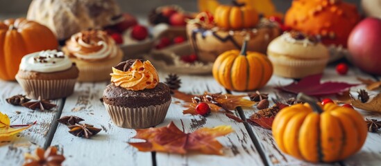 Aufkleber - Autumn desserts side border Table scene with an assortment of traditional fall sweet treats Above view over a white wood background Copy space. with copy space image. Place for adding text or design