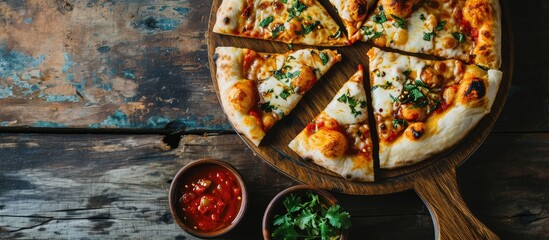 Wall Mural - Aerial top shot of stuffed cheese naan flat bread with dips on circular wooden baking cutlery. with copy space image. Place for adding text or design