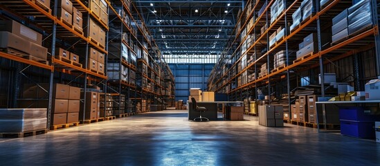 Poster - Empty large industrial storehouse equipped with tall metal shelves filled with various carton boxes and containers Table desk full with shipping details document laptop computer to work on deli