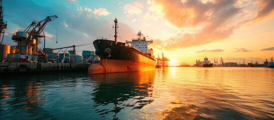 Poster - Grain agreement Loading grain into holds of sea cargo vessel through an automatic line in seaport from silos of grain storage Bunkering of dry cargo ship with grain. with copy space image