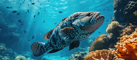 Poster - Coral reef in South Pacific with large grouper. with copy space image. Place for adding text or design