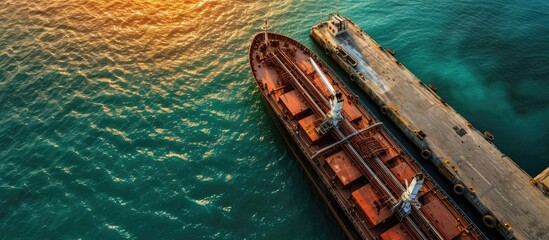 Poster - Grain agreement Loading grain into holds of sea cargo vessel through an automatic line in seaport from silos of grain storage Bunkering of dry cargo ship with grain. with copy space image