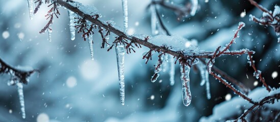 Poster - Frosted tree branches covered with ice and icicles on white snowy background Tallinn Estonia Selective focus blurred background. with copy space image. Place for adding text or design