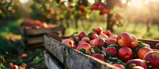 Wall Mural - Apples in a boxes after harvest transport between rows of orchard to the cold storage Farmers pick ripe apples in an orchard that has anti hail nets. with copy space image