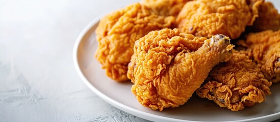 Poster - A white plate with fresh crispy fried chicken. with copy space image. Place for adding text or design