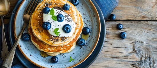 Aufkleber - Chia seed pancakes with yogurt and blueberries on plate closeup view. with copy space image. Place for adding text or design
