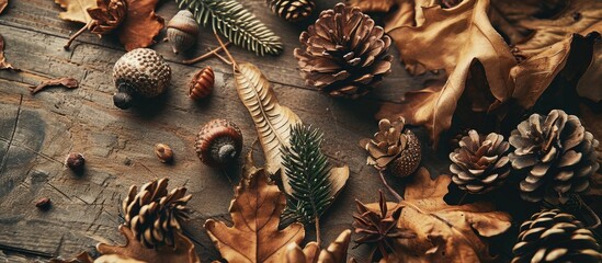 Poster - copy space vintage style decorating with acorn pine cone and dried leaves the autumn season concept. with copy space image. Place for adding text or design